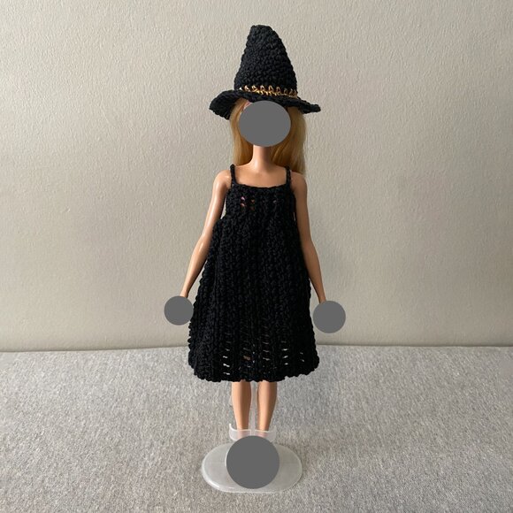Handmade Crochet Halloween Black Gold Witch Outfit for 29cm Doll 2-Piece Set - Picture 5 of 12